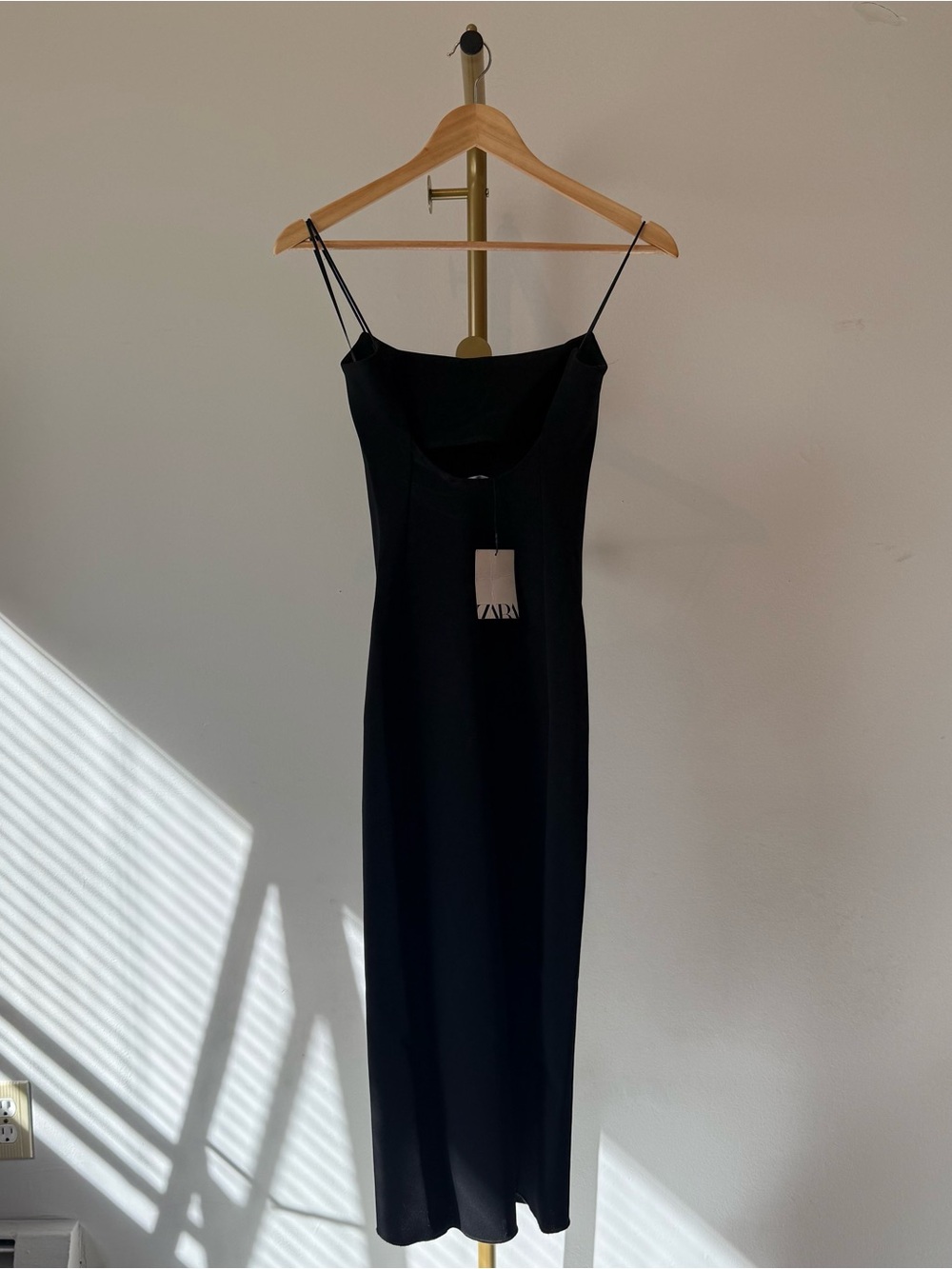 Zara NWT Black Midi Bodycon Dress with Spaghetti Straps Size Small
